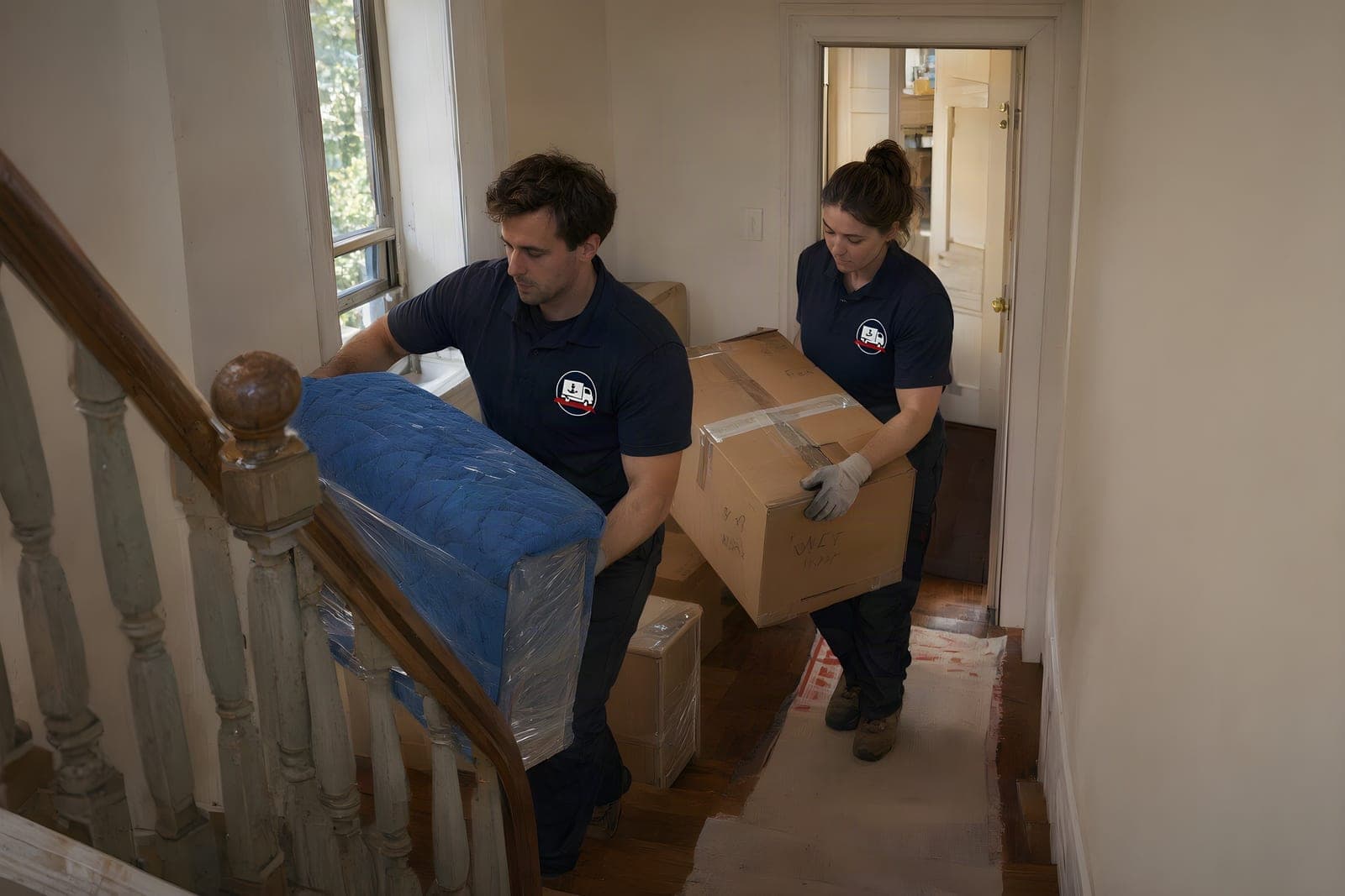 Apartment movers in Providence carrying boxes and a wrapped nightstand up a walk-up stairwell
