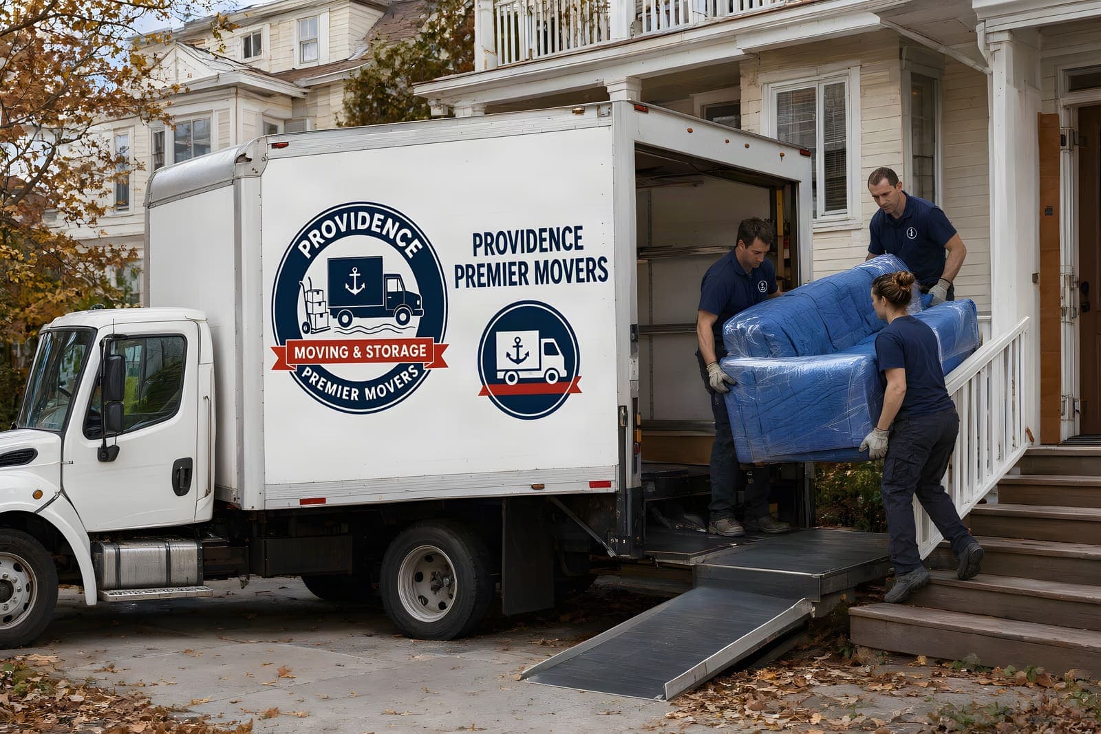 Furniture movers in Providence carrying a wrapped sofa down porch steps to the truck