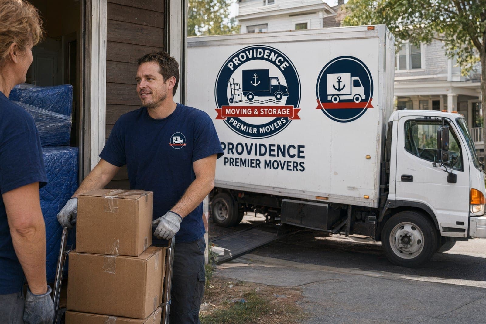 A mover with a hand truck of boxes talking with a homeowner at the front door, the company truck at the curb