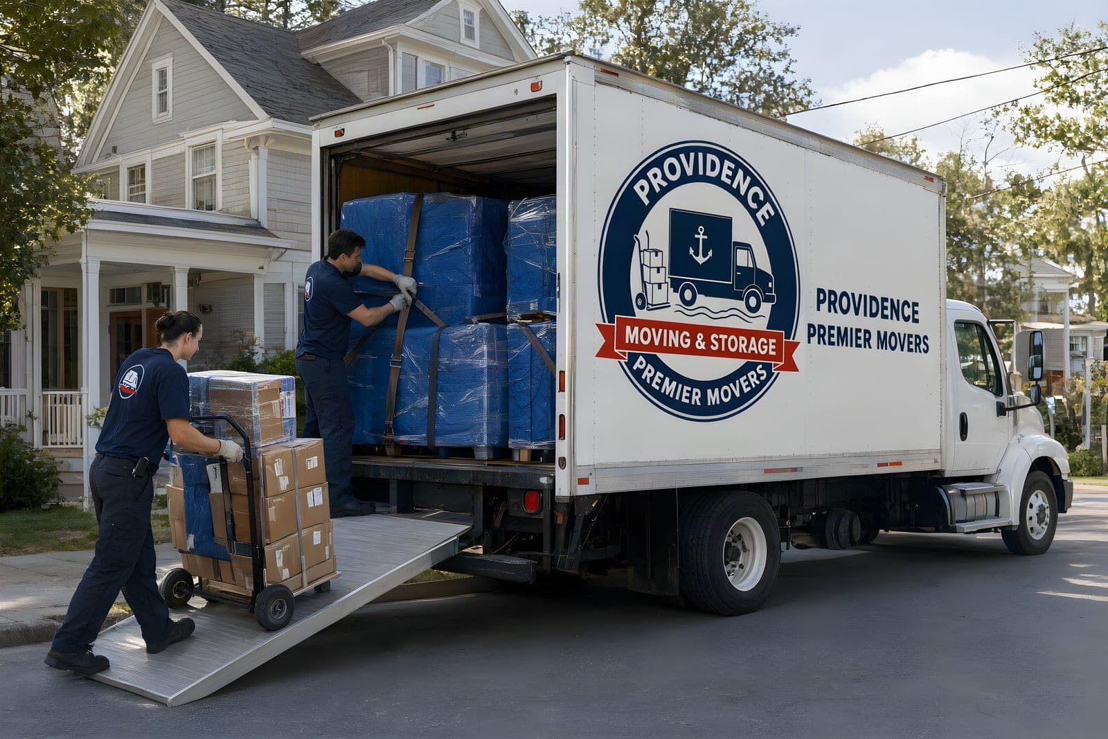 Long distance movers in Providence loading a 26 ft truck packed with strapped, wrapped furniture