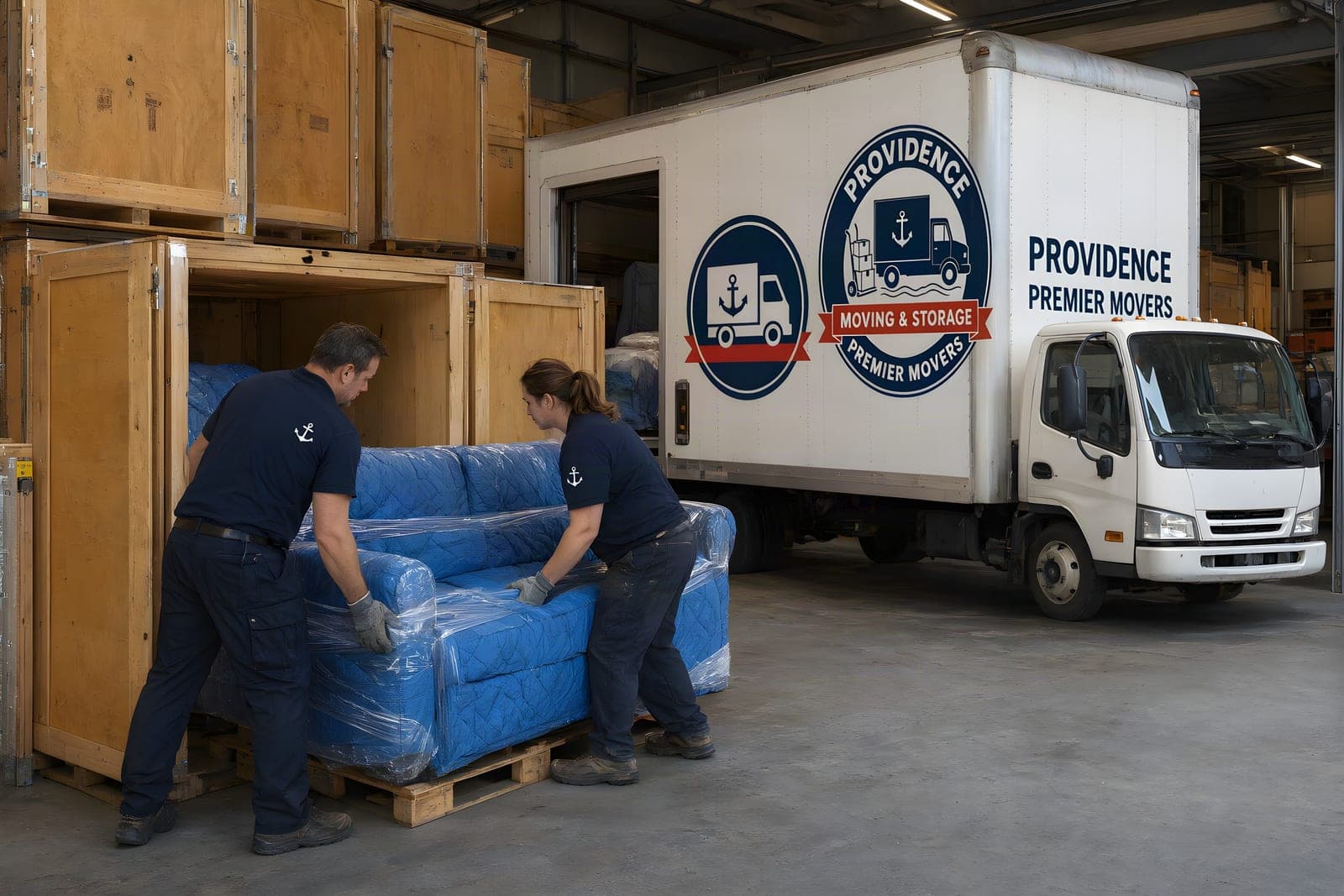 Moving and storage in Providence: movers slide a wrapped sofa into a wooden storage vault
