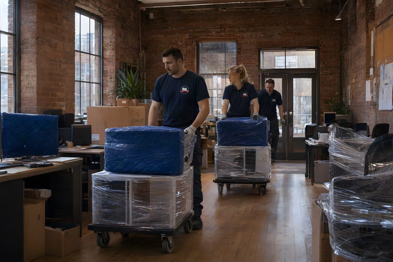 Office movers in Providence rolling wrapped desks and monitors on dollies through a brick office