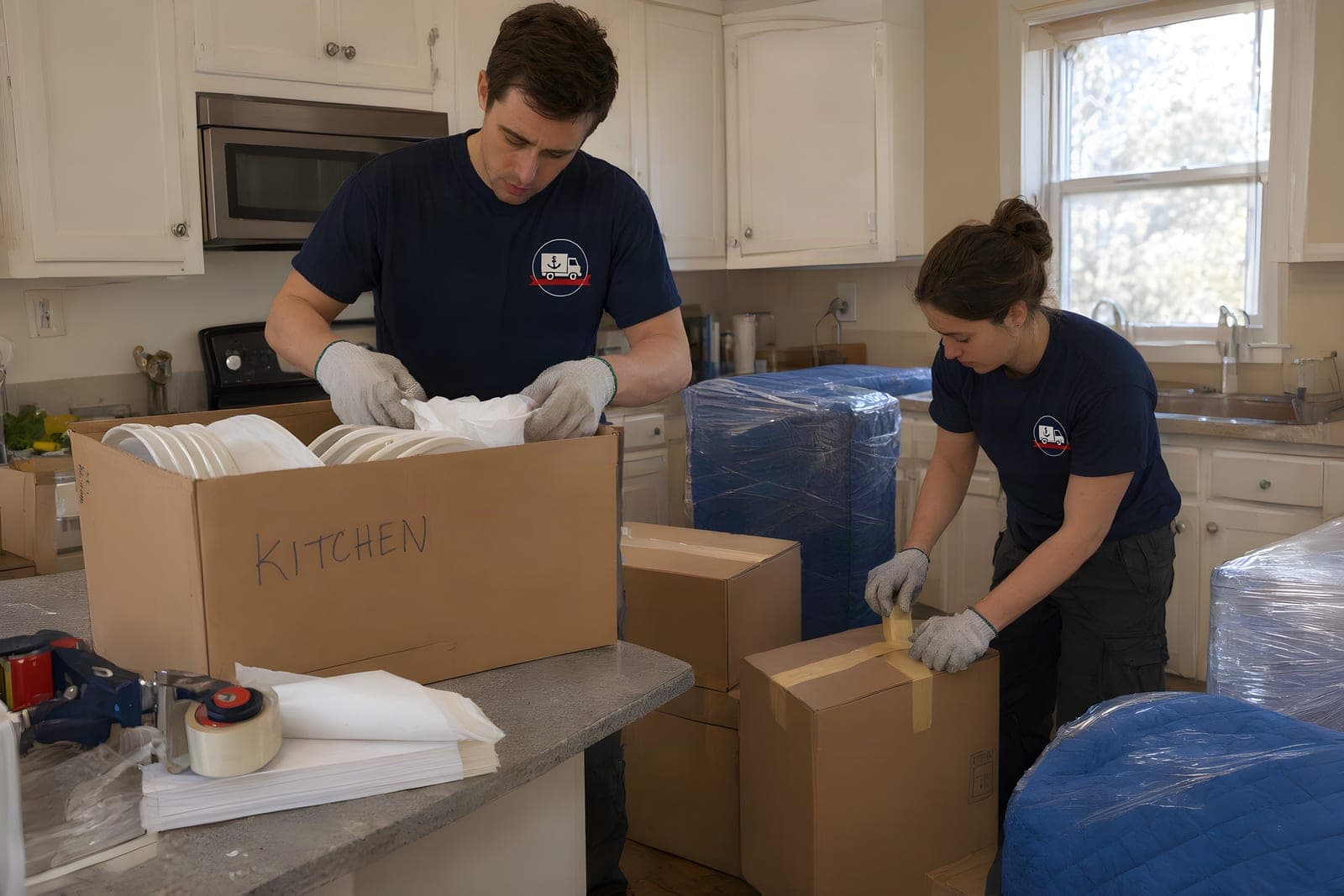 Packing services in Providence: a mover wraps plates in packing paper while another tapes a carton