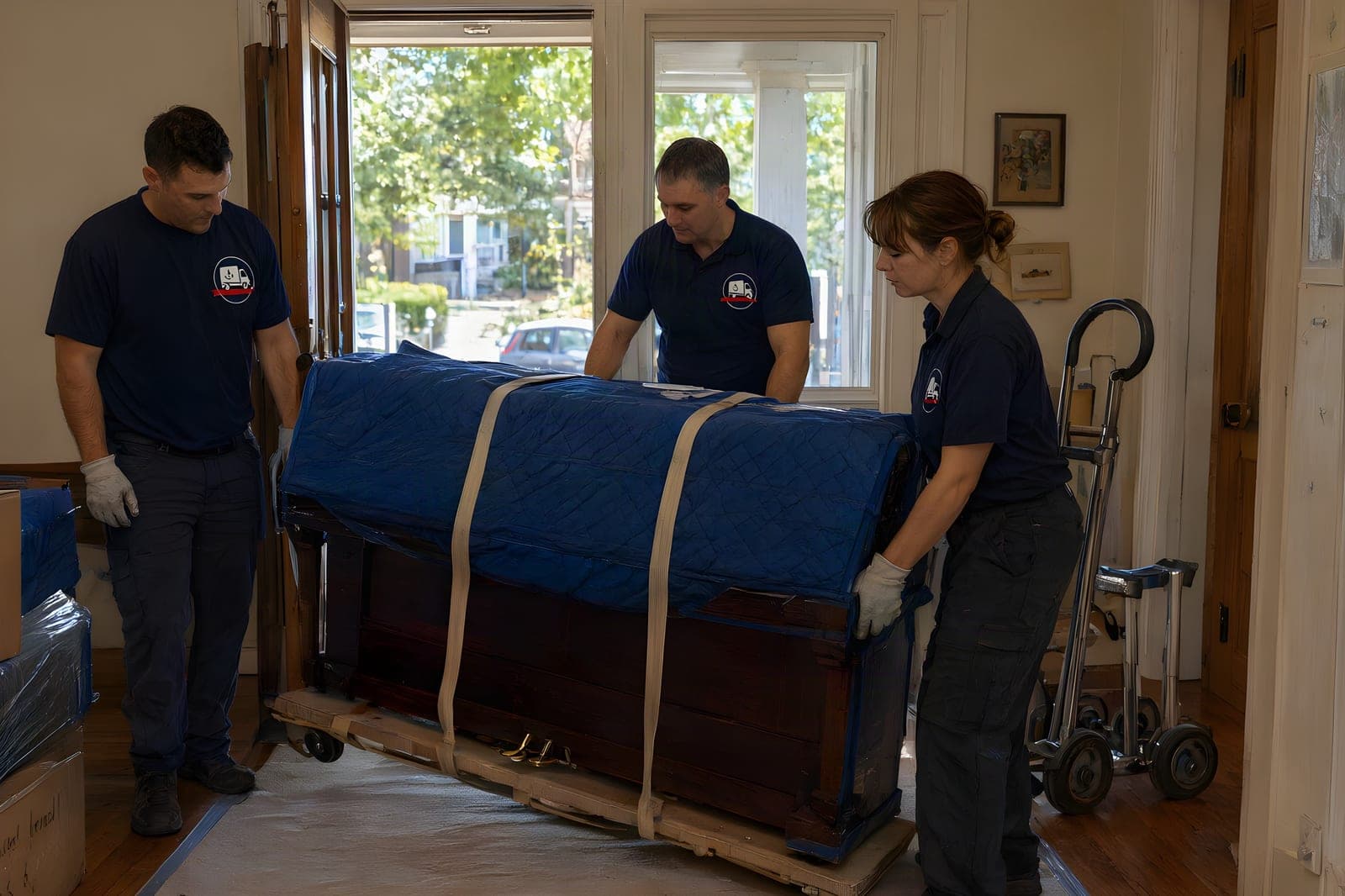 Piano movers in Providence strapping a wrapped upright piano onto a padded piano board