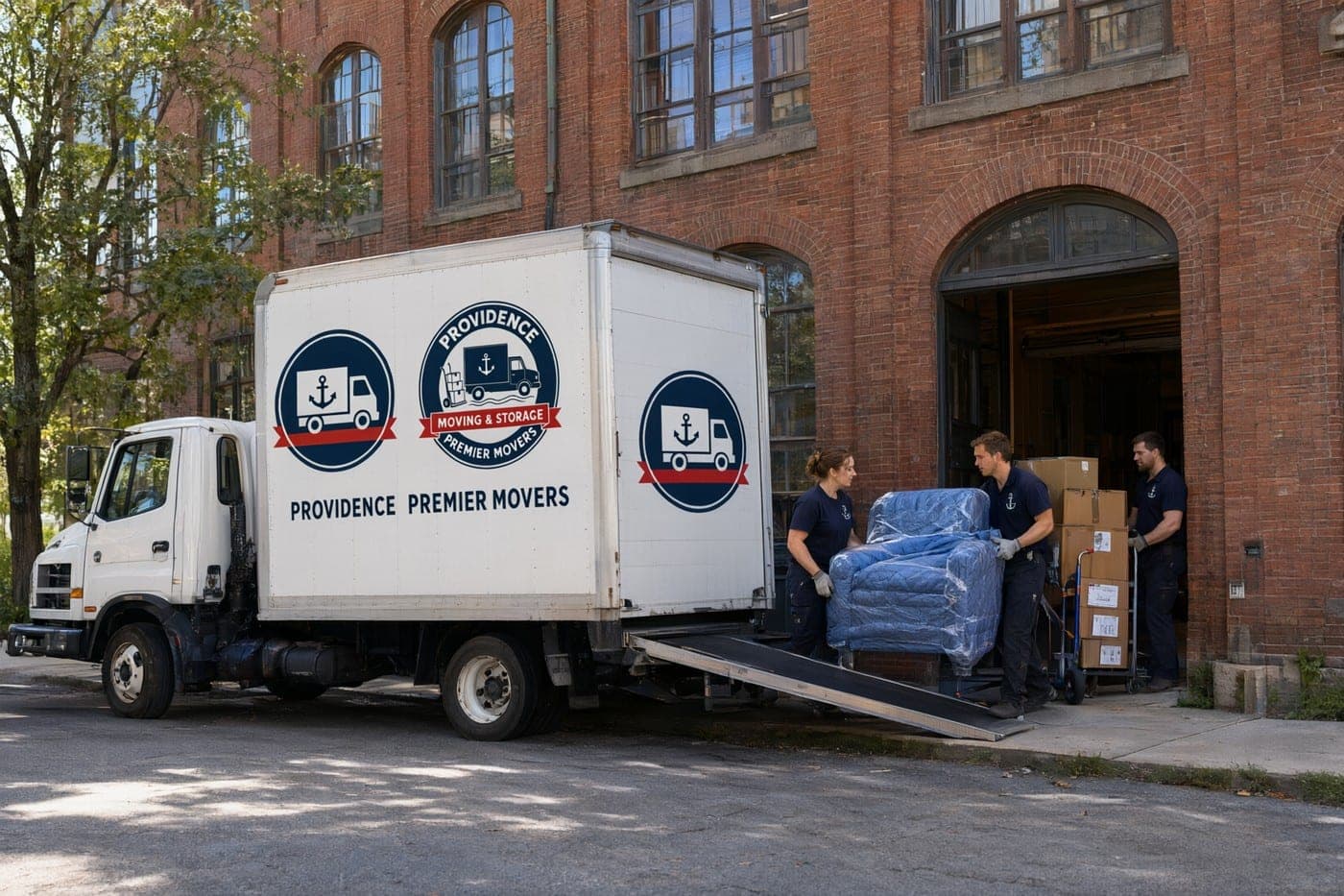 Movers unloading a wrapped armchair and boxes from the company truck outside a brick mill building